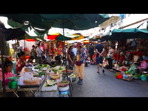 A Walk Around Phnom Penh Street Food Market, Amazing Food Market Morning Scenes
