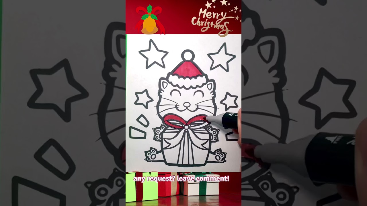 Christmas Hat Cat coloring book pages coloring #Christmas #Shorts