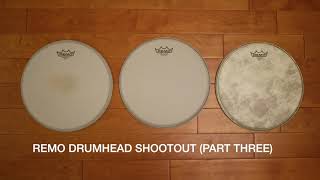 Video thumbnail for Remo drumhead shootout (part 3): Ambassador Coated, Ambassador Vintage Coated, Ambassador Fiberskyn by Greg Thomas