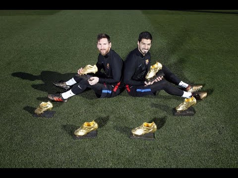 Messi & Suárez pose with their Golden Shoe trophies