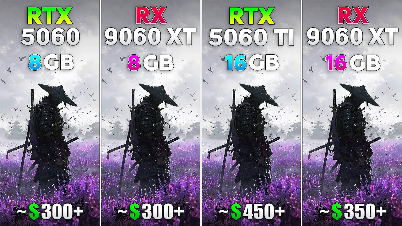 RTX 5060 8GB vs RX 9060 XT 8GB vs RTX 5060 Ti 16GB vs RX 9060 XT 16GB - Test in 10 Games