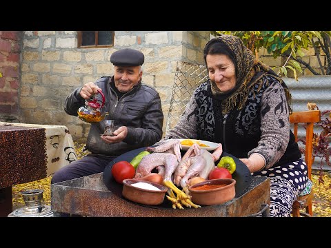 AZERBAIJAN: Fried Chicken with Vegetables and Sour Cream on Sadj, Delicious Lunch in the Village