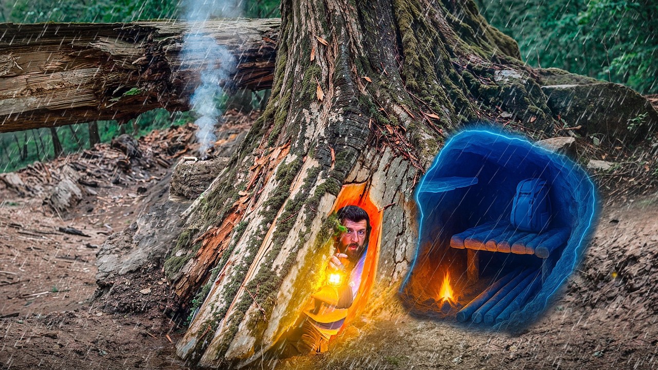 Secret Dugout Shelter Under Tree Roots. Bushcraft Survival in the Rain