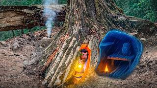 Secret Dugout Shelter Under Tree Roots. Bushcraft Survival in the Rain