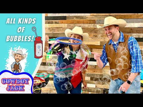 Cowboy couple in hats blowing bubbles at a wand, with a turquoise panel reading 'All Kinds of Bubbles!' and a 'Cowboy Jack' logo on the left.