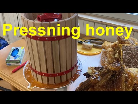 Pressa ljunghonung i äppelpress / Pressing heather honey in an apple press
