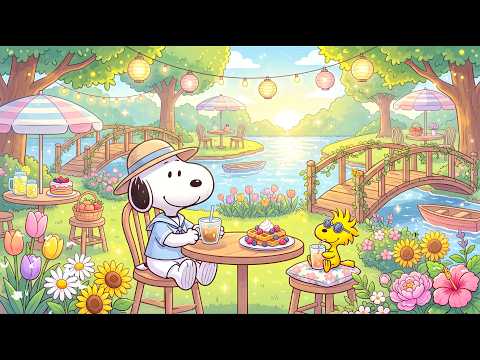 Snoopy's Peaceful Summer Lakeside Garden 🌅🌷 Soft Jazz Music for a Productive Day & Focus 🎶☕