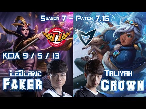 SKT T1 Faker LEBLANC vs SSG Crown TALIYAH Mid - Patch 7.16 KR Ranked