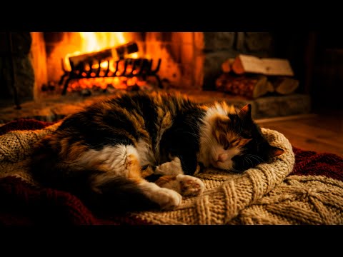Meghitt téli éjszaka kandalló mellett doromboló macskával a mély alváshoz és a pihenéshez