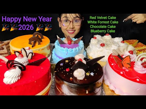 Eating Butterscotch, Red Velvet, White Forest,  Chocolate Cake | Big bites | Asmr Eating | Mukbang