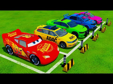 TRANSPORTING MCQUEEN, VOLKSWAGEN, DODGE, DACIA and BMW POLICE CARS WITH TRUCKS! Farming Simulator 22