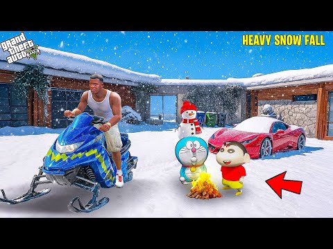 GTA V: Franklin And Shinchan Surviving The Heavy Snowfall Using His New Snow Vehicle In GTA 5 Telugu