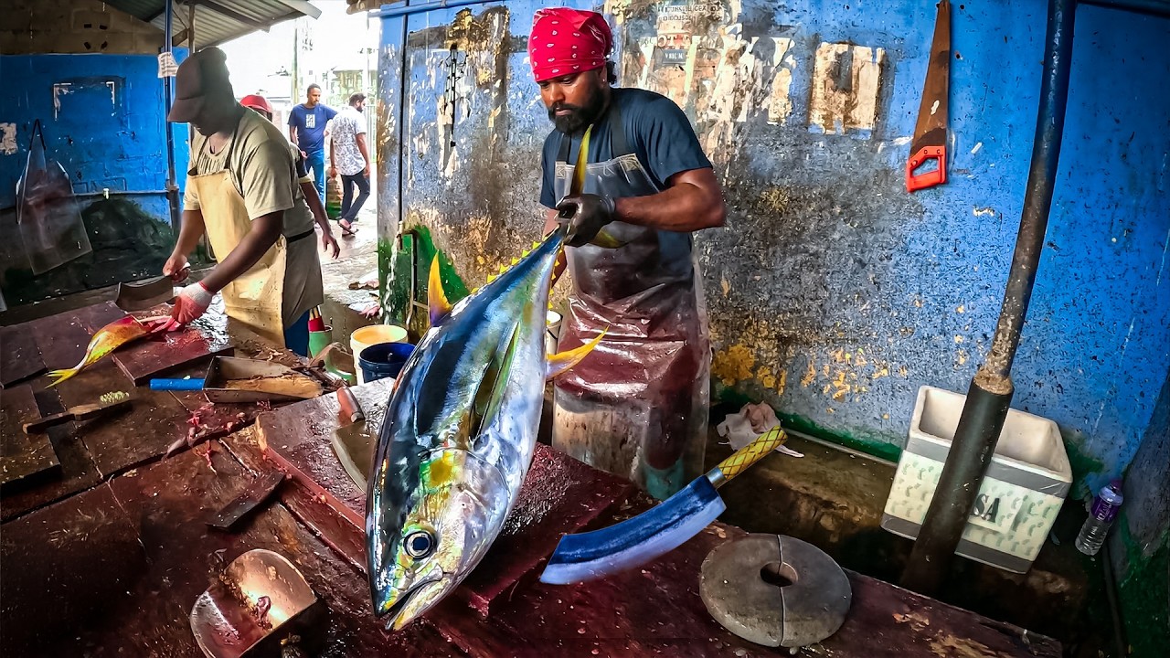 GIANT TUNA vs SHARP BLADE : Cutting a Giant Tuna at Negombo Fish Market