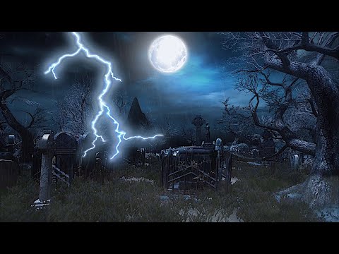 Creepy Graveyard Halloween Ambience - Thunder & Rain Sounds - Haunted - 3 Hours Spooky ASMR Cemetery