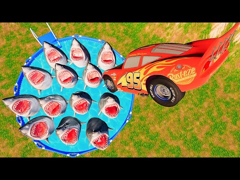 Lightning Mcqueen Diving into Swimming Pool with Hungry Sharks - BeamNG.drive