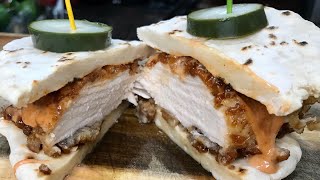 Pretzel Crusted Chicken Sandwich on Homemade Greek Yogurt Flatbread Pita
