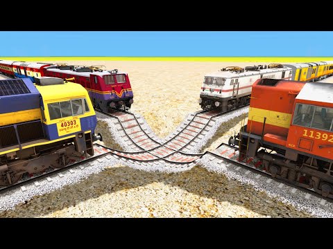 4 TRAINS VS TRACKS GIANT PIT | Different Railroad Crossing | Train Simulator 2022 | TrainsFun