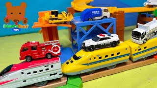 Fire Truck, Police Car, Garbage Truck Drive with a Plarail Train & Dr. Yellow!【Kuma's Bear Kids】