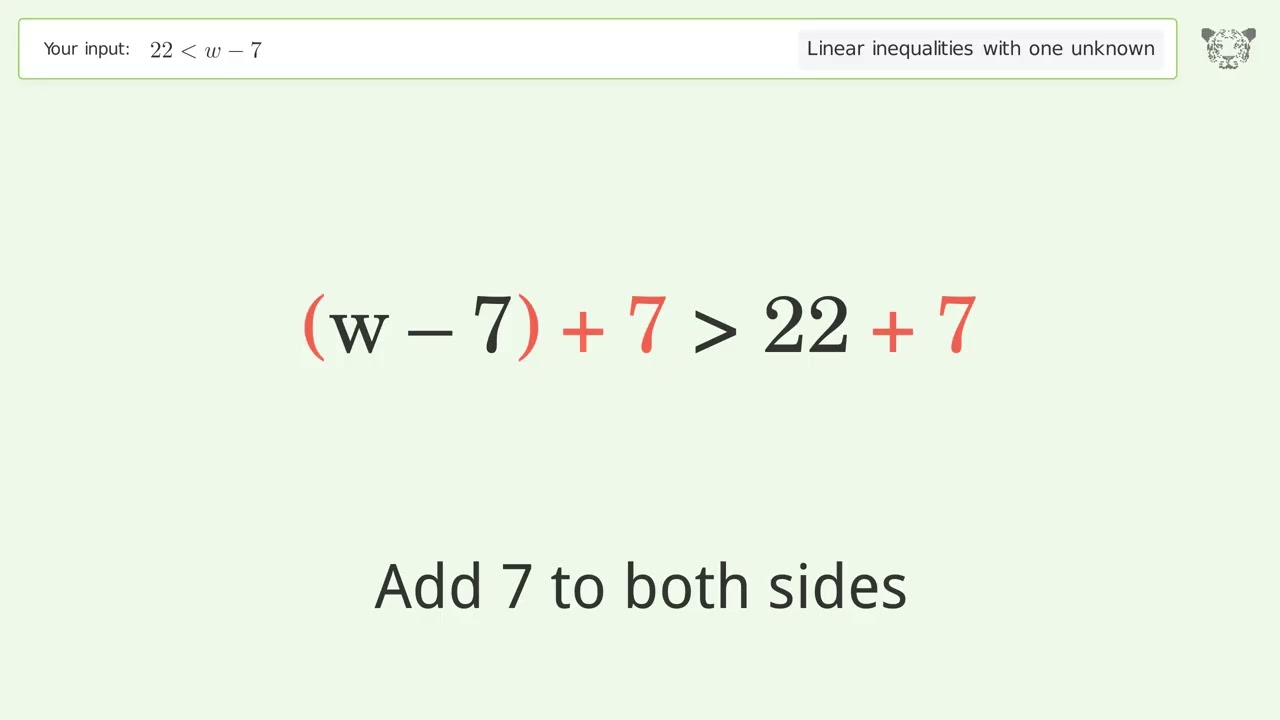 22 less than w-7 - Solve linear inequalities with one unknown
