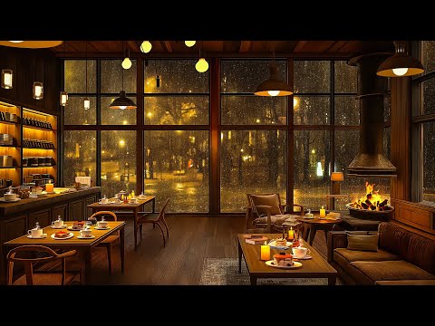 Rainy Night Coffee Shop Ambience with Smooth Jazz Music and Rain Sounds for Relaxing, Study, Work