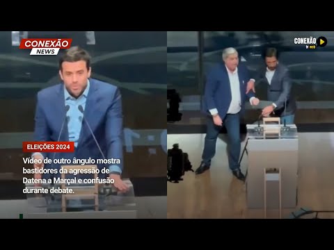 Vídeo de outro ângulo mostra bastidores da agressão de Datena a Marçal e confusão durante debate.