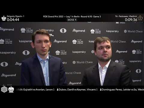 Grigoriy Oparin and Vladimir Fedoseev after Round 4 of the FIDE Grand Prix 2022 in Berlin