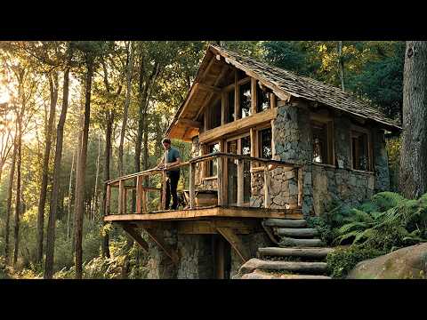 I Spent 60 Days Alone Building a Warm Mountain Wood Cabin with Only Primitive Hand Tools