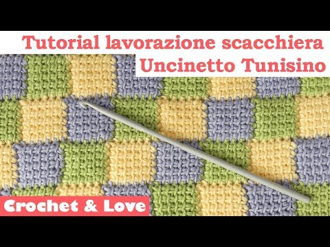 Tutorial uncinetto tunisino - lavorazione a scacchiera per copertine (sub. Eng. y Esp.)