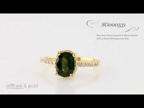 Blue-Green Natural Sapphire & Diamond Basket Solid 14 Karat Gold Engagement Ring | SG000531