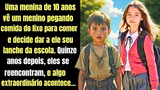 Uma menina de 10 anos vê um menino pegando comida do lixo para comer e decide dar a ele seu...
