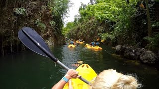 preview picture of video 'Xenotes Oasis Maya Tour POV Kayaking River Canyon Kayak Xenotes Tour Cenote Cancun Mexico Gopro 4K'