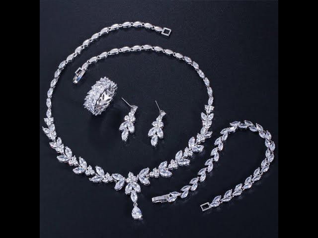 طقم مجوهرات زركون عالي الجودة مطلي ذهب ابيض 4 قطع