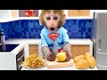 Baby Monkey Bon Bon cooking french fries and swims with the funny duckling in the water park