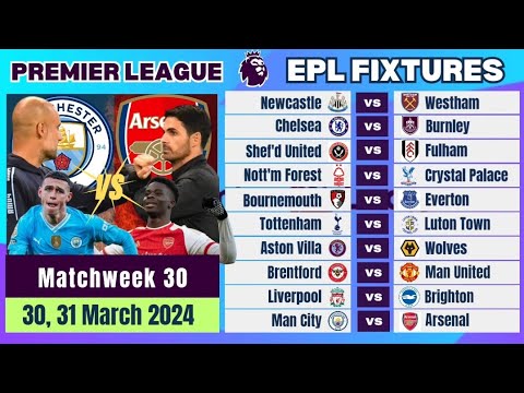 EPL Fixtures this week - Matchweek 30 - Man City vs Arsenal - Match Preview #epl #eplfixtures #gw30