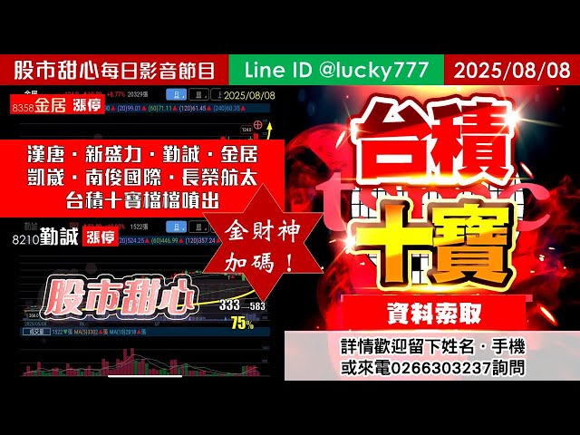 0808【甜心盤後影音】漢唐．新盛力．勤誠．金居．凱崴．南俊國際．長榮航太，產業必修台積十寶檔檔噴出，金財神加碼台積十寶！)