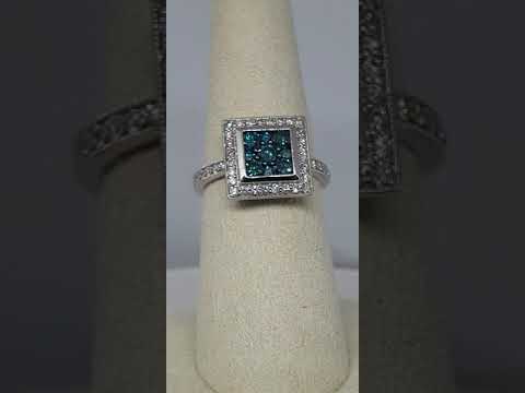 14kt White Gold Caribbean Blue & White Diamond Ring , Square Cluster