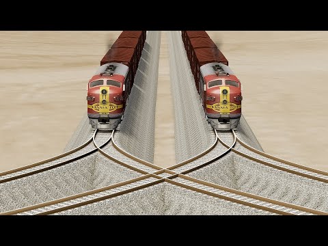 Impossible Overlapping Rail Tracks Vs Trains Crossing - BeamNG.Drive