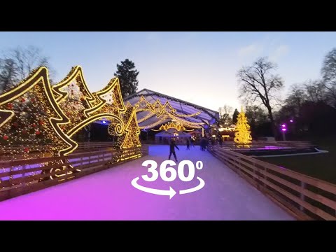 360 video ice skating for the first time in Municipal Park of Luxembourg with Christmas decoration.