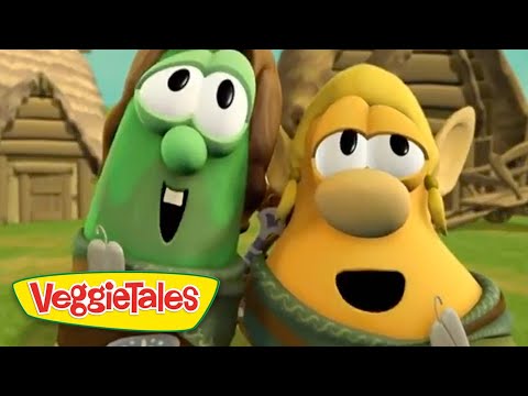 Two VeggieTales characters pose together outdoors, with the VeggieTales logo in the corner.