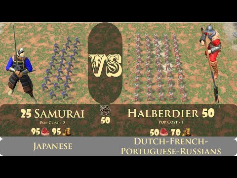 25 Samurai vs 50 Halberdier | Unique Units | Age Of Empires III Definitive Edition