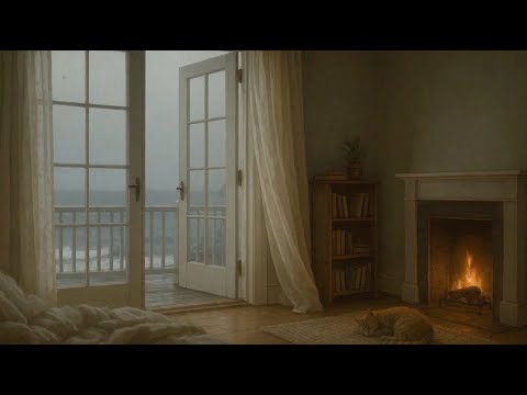 Relaxing Coastal Rain Sounds | New England Porch with Thunder & Fire