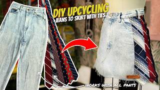 DIY Upcycled Jeans to Denim Skirt + Necktie Sides | Thrift Flip | Step-By-Step Tutorial