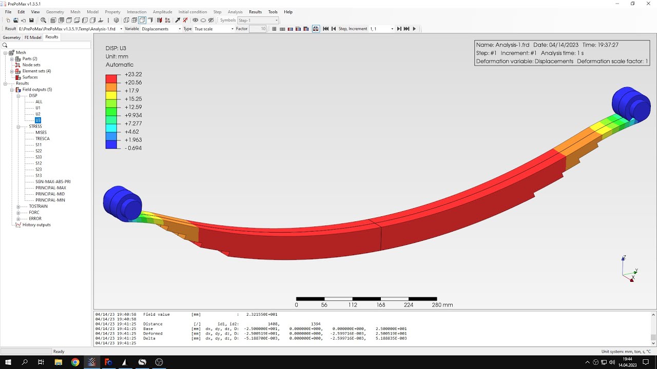PrePoMax (CalculiX FEA) - Tutorial 33 - Leaf spring