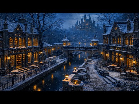 Vintage Bookstore & Cafe in Snowy Gothic European Town | Dark Academia Winter Ambience for Focus