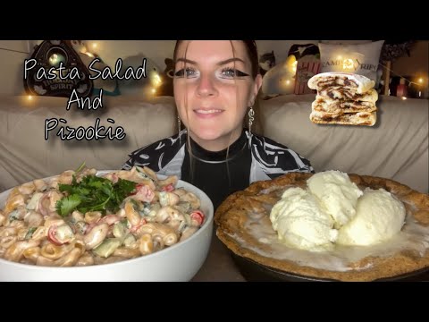 TZATZIKI PASTA SALAD AND GOOEY CINNAMON ROLL PIZOOKIE MUKBANG! (Vegan)