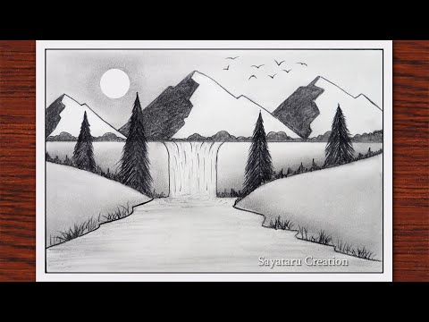How to Draw Waterfall Scenery with Pencil step by step