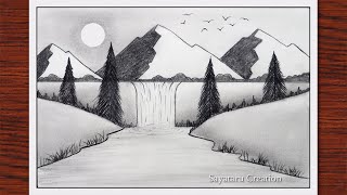 How to Draw Waterfall Scenery with Pencil step by step