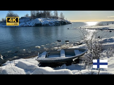 PASSEIO A PÉ DE INVERNO EM HELSÍNQUIA (FEVEREIRO 2023) - Hakaniemi, Kaivopuisto, Ilha Uunisaari (4K)