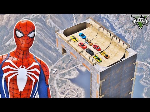 CARROS na Rampa Reta com Homem Aranha e Heróis! Desafio com Carros - GTA V Mods - IR GAMES