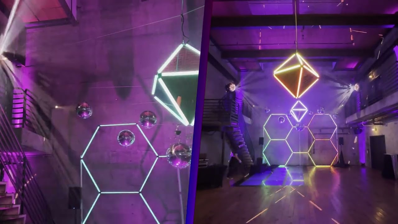 Video thumbnail showing GeoPixel mirror chandeliers and LED backdrop lighting at Fremont Foundry in Seattle.